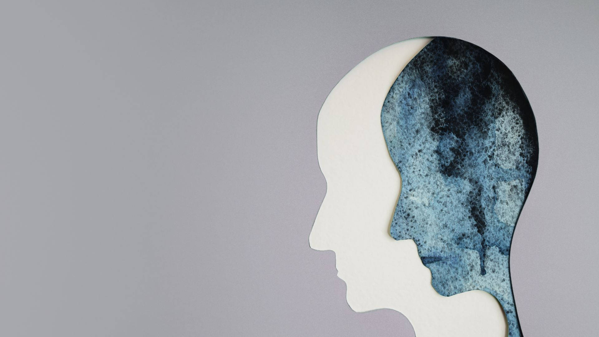 διπλό προφίλ ανθρώπινου προσώπου σε απαλό γκρι φόντο. Το βασικό προφίλ είναι λευκό και παρεμβάλλεται σε αυτό ένα δεύτερο σε μπλε αποχρώσεις (βαμμένο με νερομπογιά),